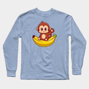 Cute Monkey Sitting On Banana Cartoon Long Sleeve T-Shirt